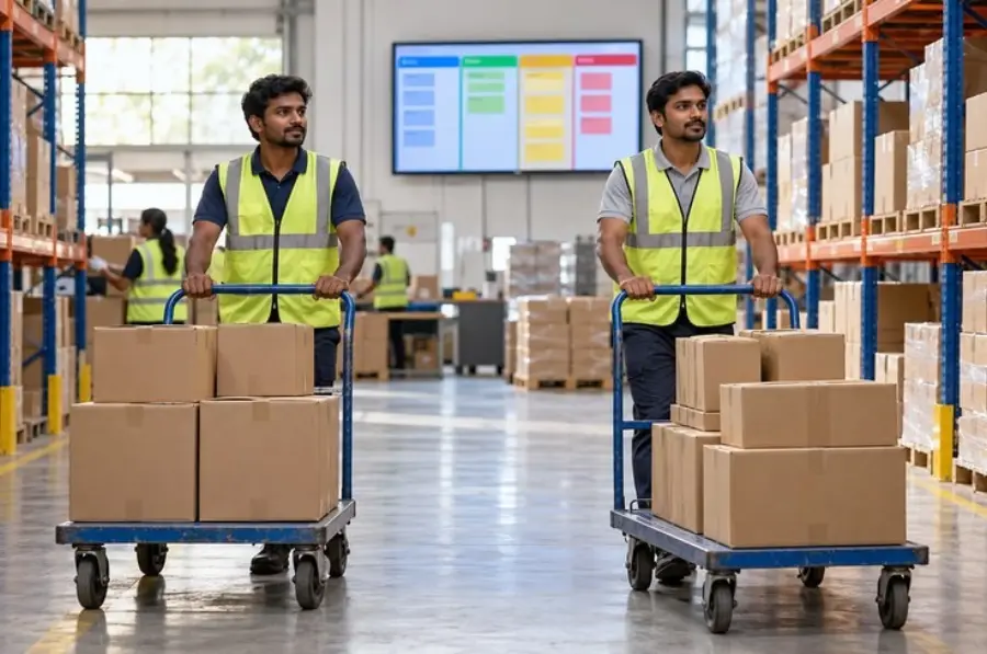 Texcity depot staff moving cartons on trolleys in the Bengaluru warehouse
